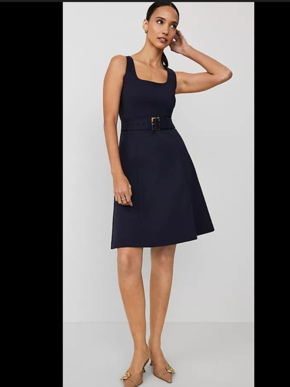 Ann Taylor Night Sky Navy Belted Fit and Flare A Line Minimalist Midi Dress 16